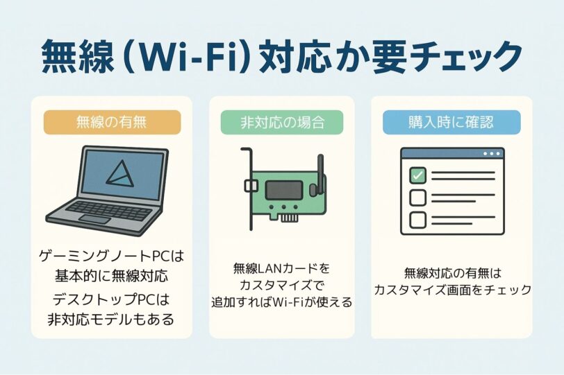 自室に有線LANケーブルを引けないなら、ゲーミングPCが無線(Wi-Fi)に対応しているかチェックしておきましょう。