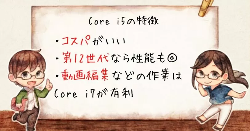 Core i5の特徴はコスパがいいこと、第12世代なら性能もいいこと、動画編集はCore i7のほうが有利なこと